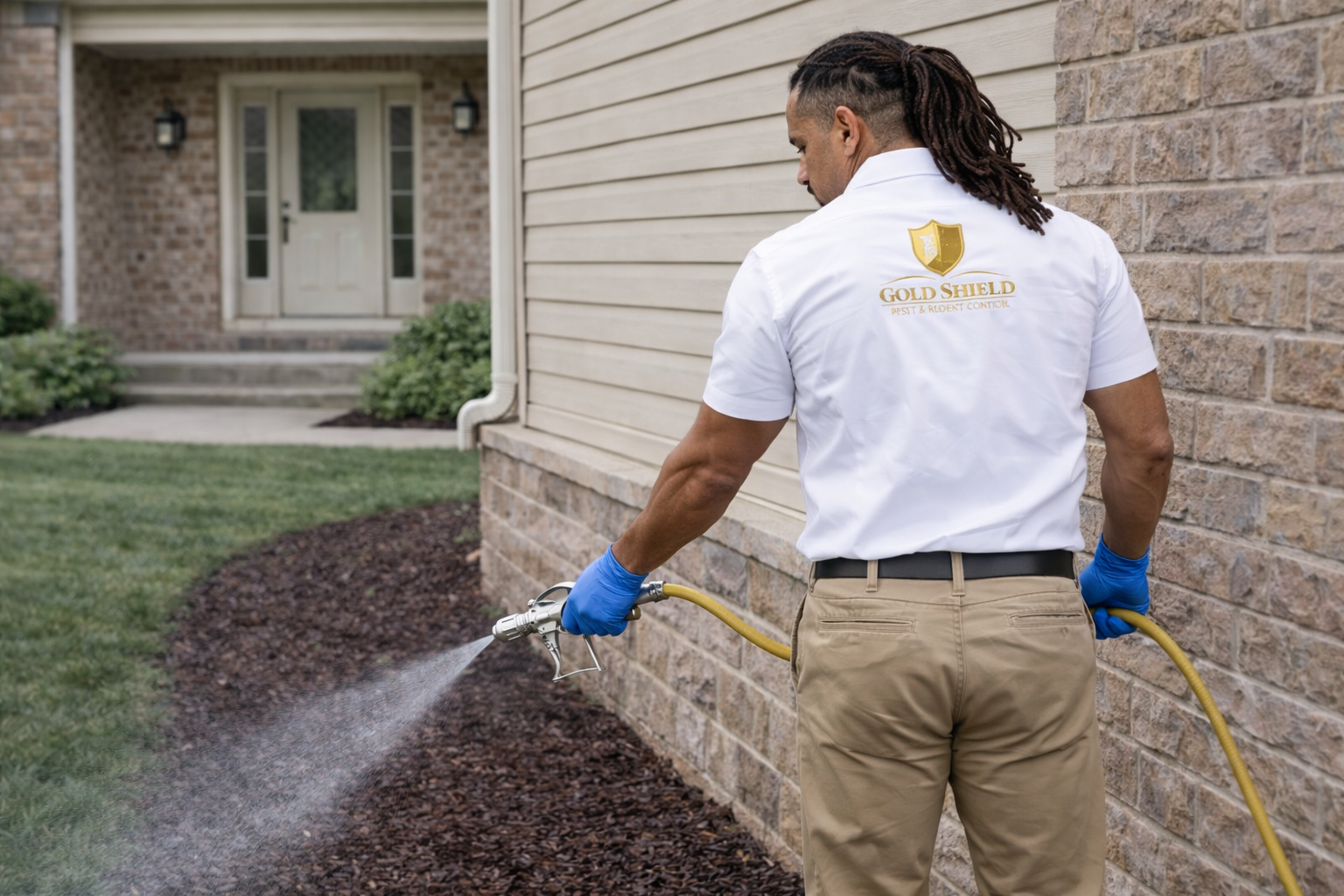 Technician inspecting entry points along Alamo Heights home foundation during trusted pest control service