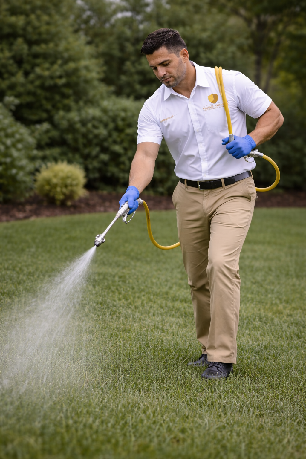 Technician performing pest inspection in Live Oak, TX apartment complex common area during scheduled service visit