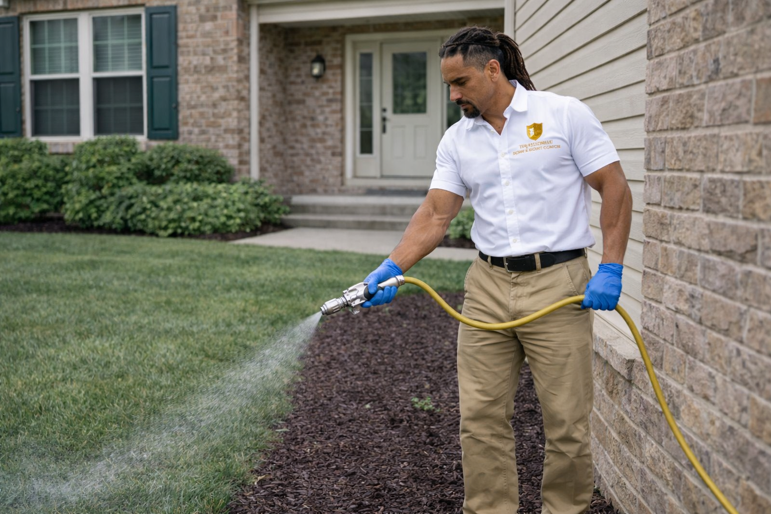 Skilled pest control technician evaluating Helotes, TX home foundation with specialized detection tools