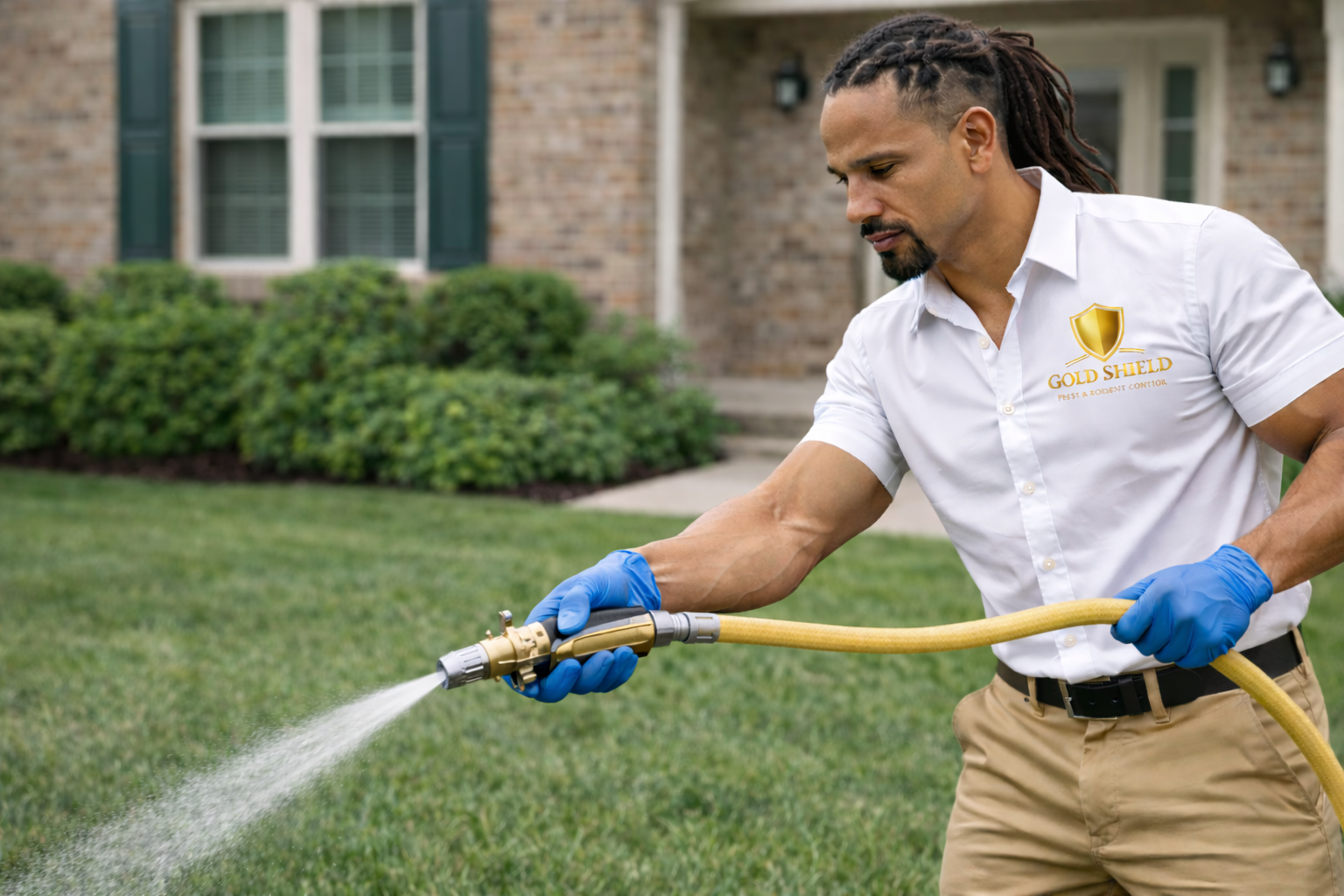 Skilled pest control specialist applying eco-friendly treatment in Stone Oak, TX upscale kitchen environment