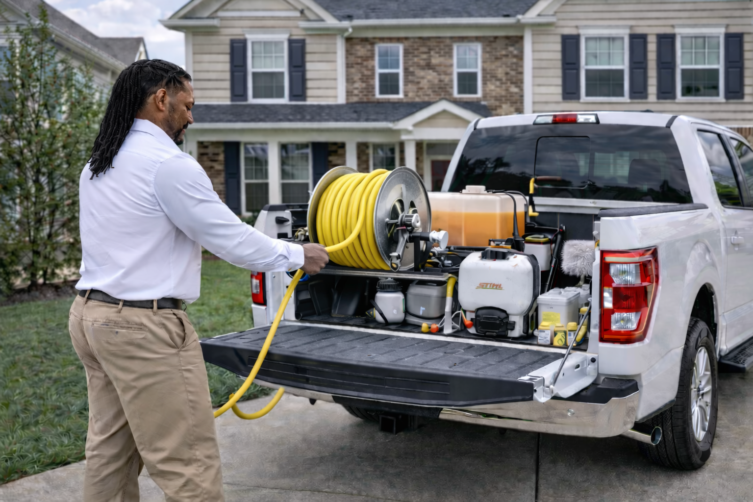 Expert technician assessing pest risks in a Hays County neighborhood with specialized equipment