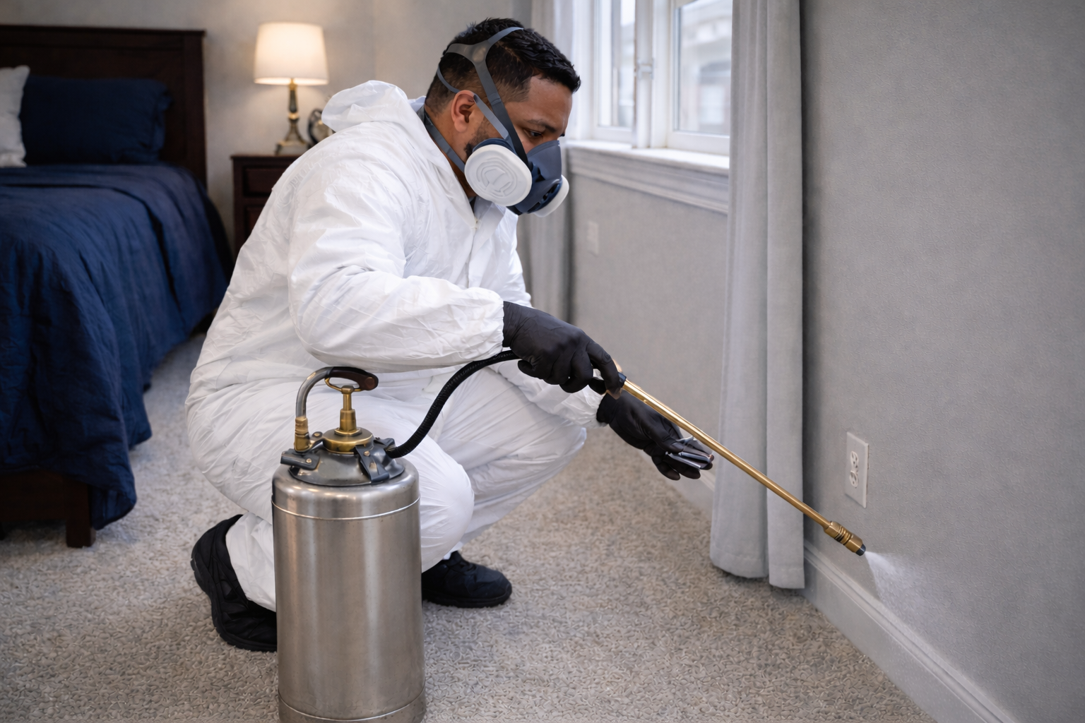 Technician in uniform applying pest control near historic Alamo Heights residence with care and precision